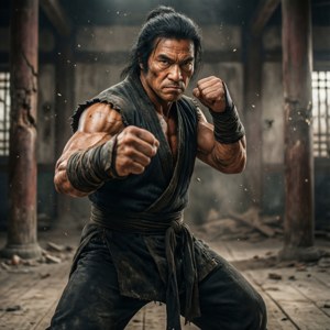 一位肌肉發達的武術家在佈滿灰塵的木質道場內擺出戰鬥姿勢。