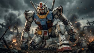 一架受損的Gundam機器人站在戰場廢墟和飛舞的火花中。