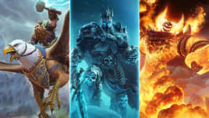 三位奇幻戰士在史詩般的戰鬥場景中，與鷹騎士、冰之主和火焰惡魔王對戰。