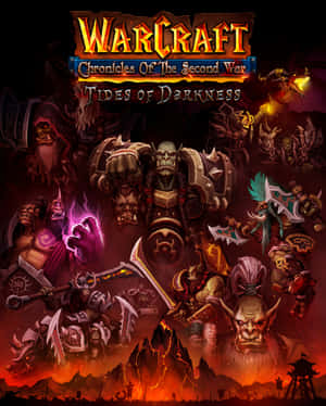 Warcraft 遊戲封面，展示獸人戰士與黑暗魔法和熔岩戰鬥。