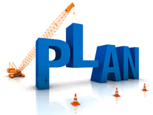 橙色起重機吊起藍色3D字母拼出PLAN，交通錐置於白色反光地板上。