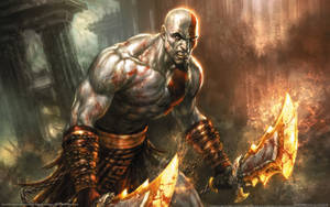 God of War 戰士在黑暗的古代廢墟中手持火焰斧頭。