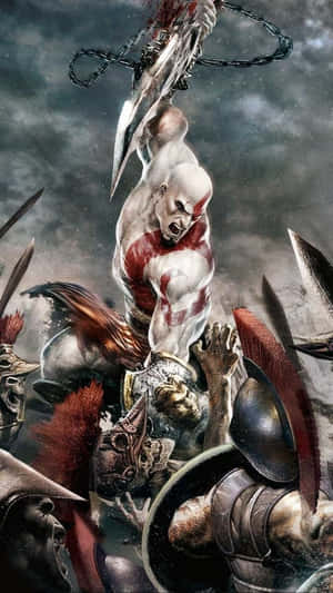God of War 戰士在暴風雨的戰場上與敵人戰鬥。