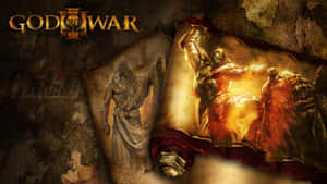 奎托斯在 God of War III 藝術中的古代卷軸上與怪物戰鬥。