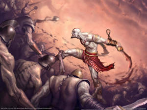 Kratos 在塵土飛揚的戰場上與身穿盔甲的士兵戰鬥，披著紅色斗篷，手持鎖鏈刀刃。