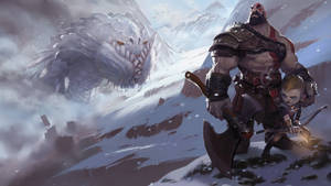 戰士和孩子在雪山上面對一隻巨大的冰龍。 — 雷神：愛與雷霆 壁紙
