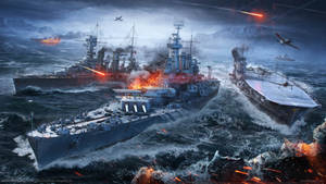 軍艦在暴風雨中與爆炸和戰鬥機作戰。 — 現代戰爭 壁紙