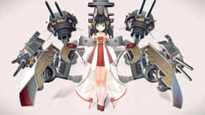 身穿和服的動漫少女被艦炮塔包圍。