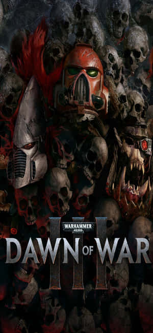 來自 Warhammer Dawn of War III 嘅戰士，有發光嘅眼睛，被骷髏包圍。 — iPhone 13 Pro Max 壁紙