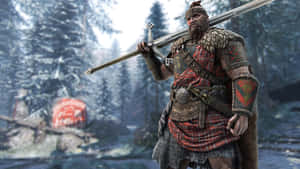 維京戰士身穿紅色格子盔甲在雪地森林中持劍。 — 7680x4320 壁紙