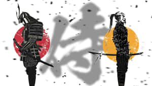 兩個動漫風格的武士戰士手持劍，在紅色和黃色太陽前擺出戰鬥姿勢。