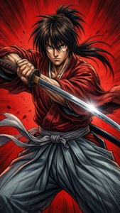 動漫武士戰士，身穿紅色長袍和灰色褲子，揮舞著發光的武士刀，表情強烈。