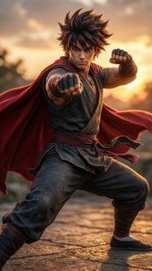 紅色斗篷動漫戰士在夕陽下擺出武術姿勢