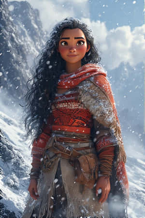 年輕女性身穿紅色冬季服裝站在雪山中，雪花飄落 — iPhone 4 壁紙