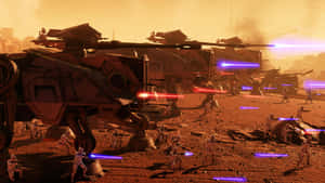 戰鬥機械人和步行機在沙漠行星上用激光戰鬥。 — 5120x2880 壁紙