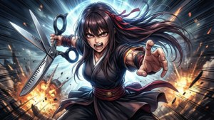 動漫女戰士喺火熱嘅戰鬥場景中揮舞住巨大嘅剪刀。