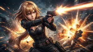 金髮動漫女性在猛烈爆炸和火花中開槍射擊。