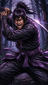 一位身穿紫色鎧甲的武士在迷霧森林中揮舞著發光的劍咆哮。