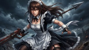 在暴風雨戰鬥場景中手持武器的女僕戰士。