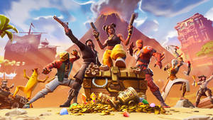 Fortnite 角色在沙漠島嶼上慶祝寶藏。