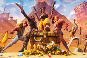 Fortnite角色在沙漠火山場景中與寶藏合影。