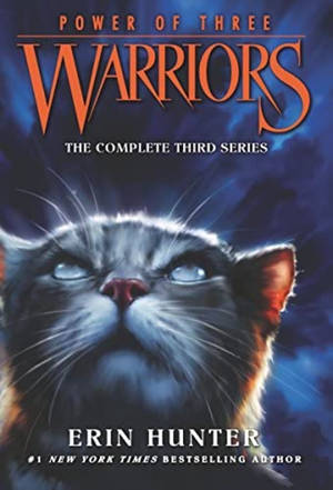 Warriors 書籍封面，一隻灰色貓咪在暴風雨的天空中擁有發光的眼睛。