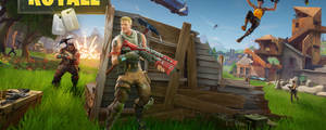 Fortnite 玩家在草地上，有木製結構和飛行車輛的戰場上。