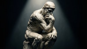 聚光燈下一個陷入沉思的大理石男子雕像。