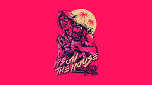 男人抱著狗，背景有棕櫚樹和太陽，粉紅色背景。