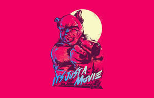 一個豬頭角色拿著槍，在淡月下寫著「It's Just A Movie」的文字。
