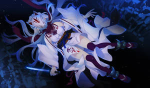 動漫狐妖戰士手持發光劍漂浮在星空夜空中。 — 動漫女孩 壁紙