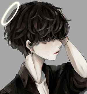 深色頭髮和光環的動漫男孩低頭看著，手放在頭上。