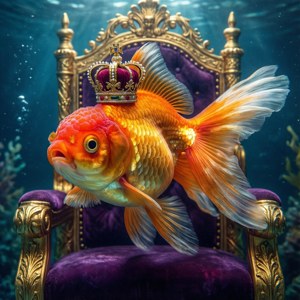 金魚戴著王冠坐在水中的皇家王座上，周圍有珊瑚