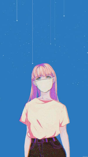 藍色背景上，動漫女孩粉紅色頭髮和口罩，在墜落的星滴下。 — 可愛動漫女仔 壁紙