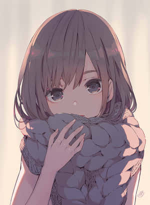 紫色頭髮的動漫女孩，溫柔地凝視著，擁抱著一條針織圍巾。 — 可愛動漫女仔 壁紙