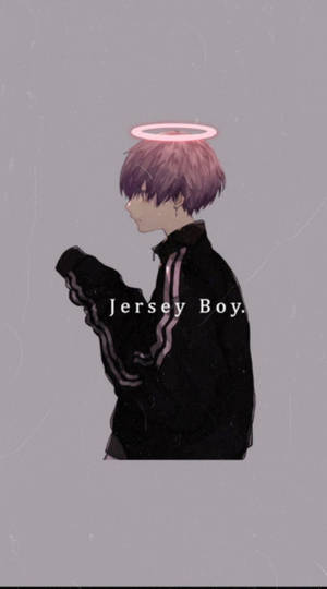 粉紅頭髮帶光環的動漫角色穿著黑色外套，帶有文字Jersey Boy。