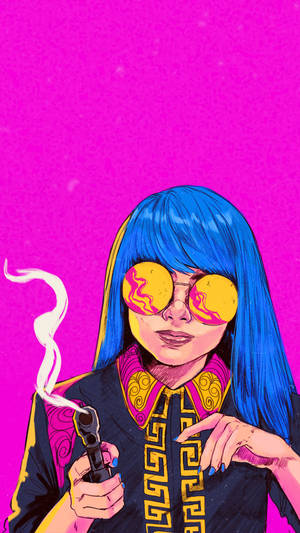一位藍髮戴太陽眼鏡的女性在粉紅色背景前抽煙。 — 可愛動漫女仔 壁紙