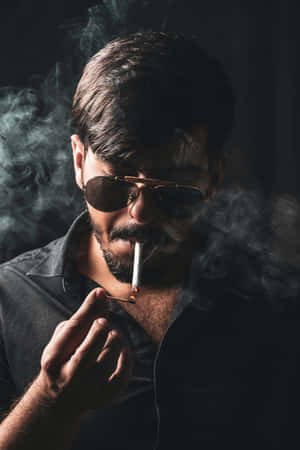 男人戴太陽眼鏡在黑暗煙霧環境中抽煙