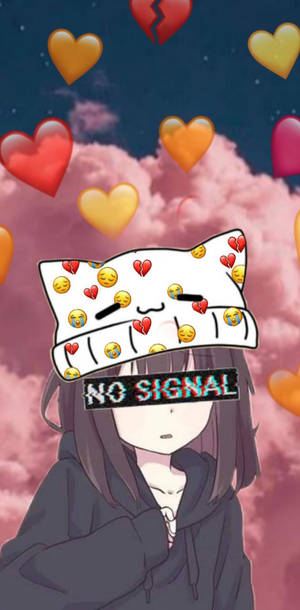 穿著連帽衫的女孩戴著貓帽和「no signal」文字，被漂浮的心形包圍。