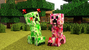 兩個 Minecraft 苦力怕和一個粉紅色苦力怕坐在長滿草的森林裡，上面有漂浮的心形。