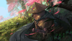 戴草帽的武士狐狸在櫻花下持劍