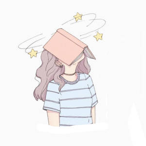 紫髮女孩頭上頂著書本，星星在她周圍旋轉。
