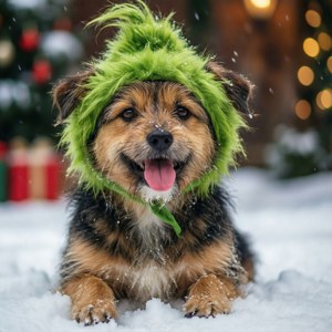 一隻戴著綠色鬼靈精帽子的開朗狗在雪白的冬日場景中與節日燈光玩耍。
