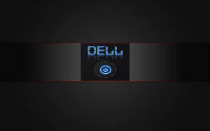 Dell標誌，帶有發光藍色電源按鈕，位於深色紋理背景上。