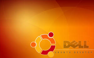 Ubuntu 和 Dell 標誌在溫暖的橙色漸變背景上
