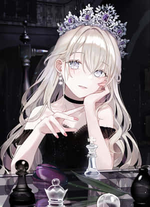 金髮動漫女孩戴著鑲有寶石的王冠在黑暗的房間裡下棋。