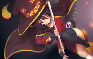 動漫女巫穿著紅金色服裝，在彎月和星星下拿著法杖。