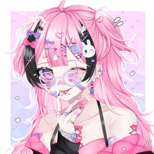 粉紅色頭髮和眼鏡的動漫女孩，帶著可愛的配件微笑。 — 粉紅 壁紙