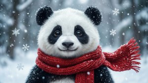 一隻戴紅色圍巾的熊貓在雪地森林中，雪花飄落。