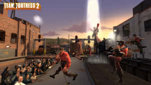 《Team Fortress 2》角色在日落時分為歡呼的人群表演一場熱鬧的音樂會。